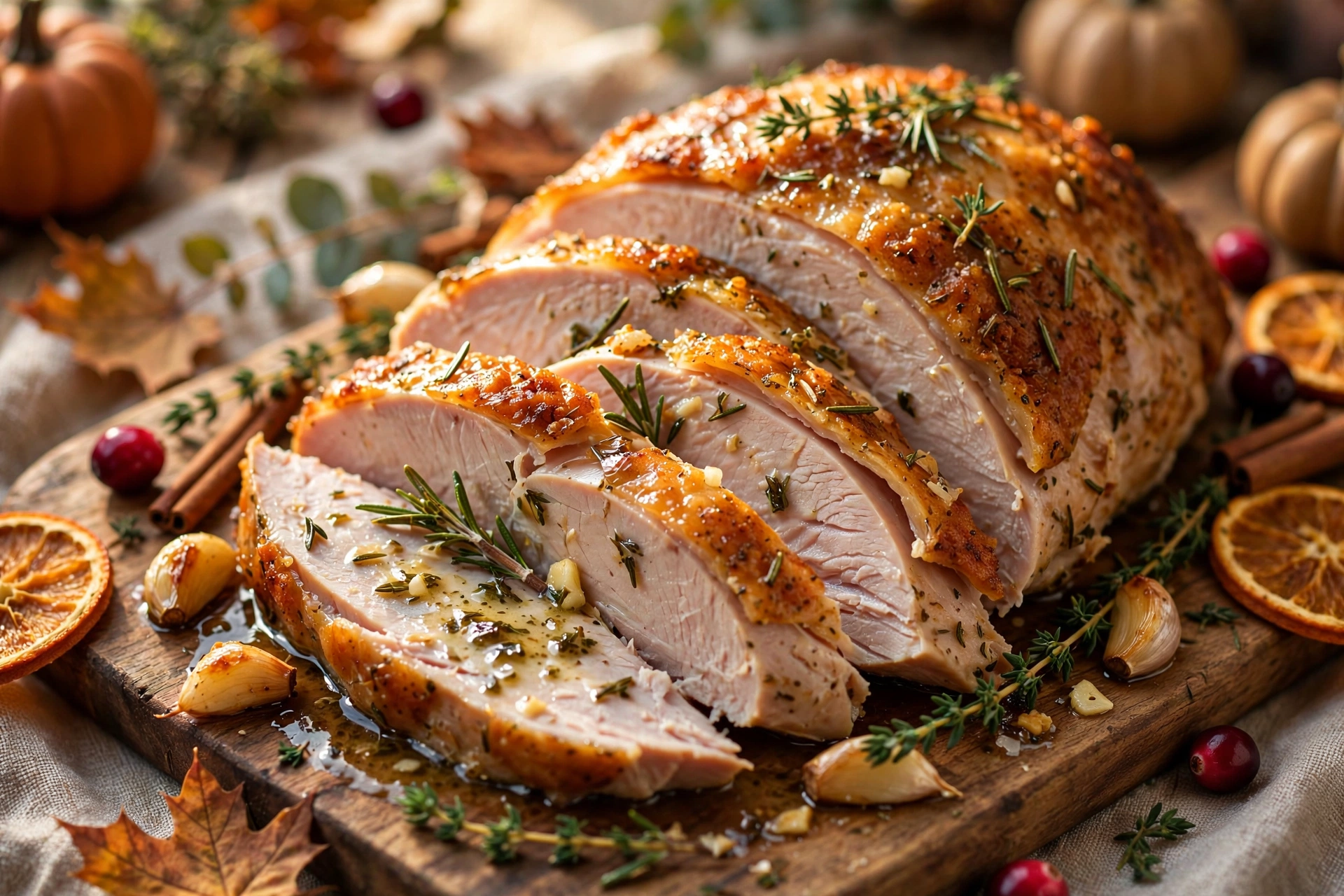 Garlic herb roasted turkey breast with golden crispy skin, fresh rosemary and thyme
