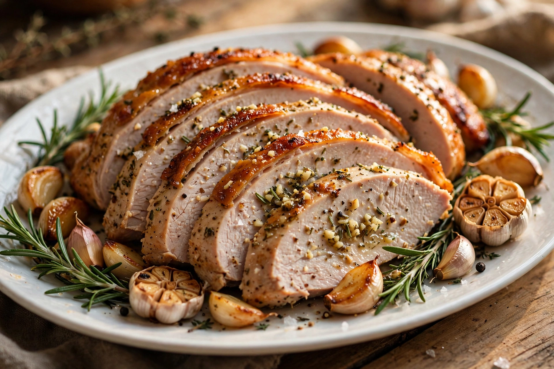 Thick slices of garlic herb roasted turkey breast served with quick pan gravy