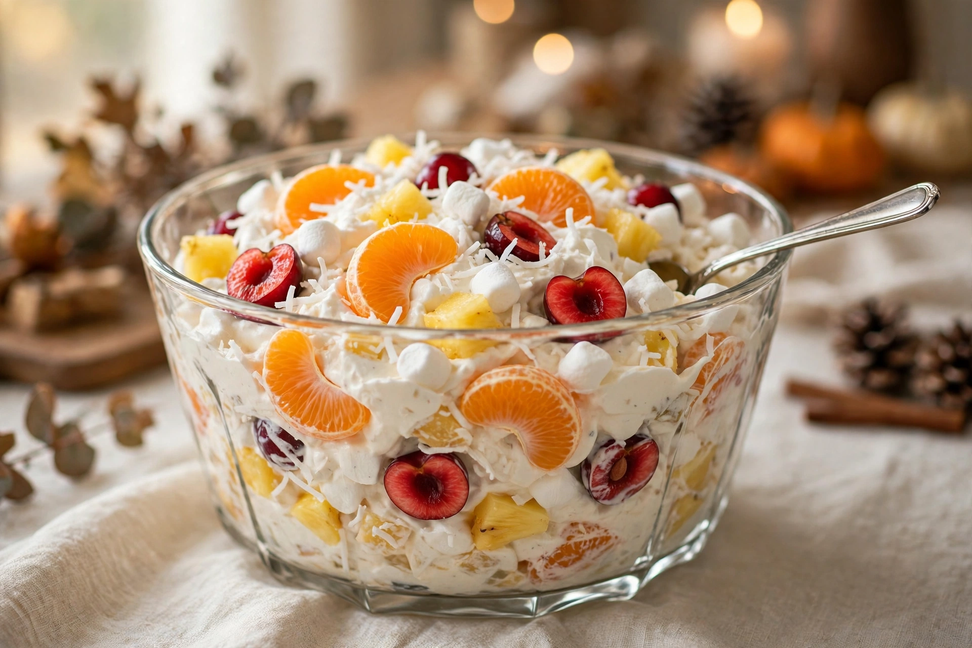 Ambrosia salad in a glass trifle bowl with whipped cream, mandarin oranges, pineapple, cherries, marshmallows and coconut