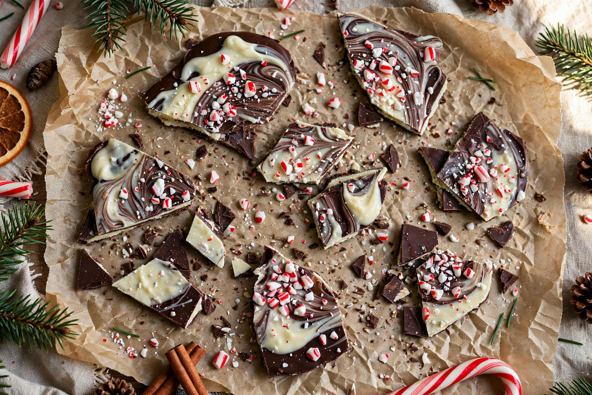 Classic peppermint bark broken into pieces showing swirled dark and white chocolate topped with crushed candy canes