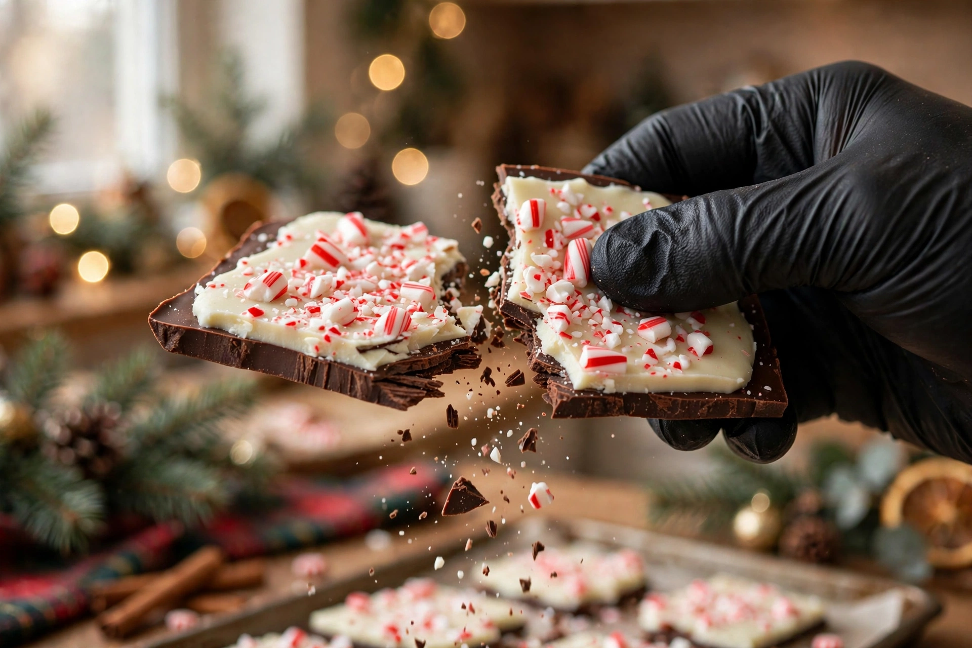 Hand in a black glove snapping peppermint bark showing the clean break of the chocolate layers