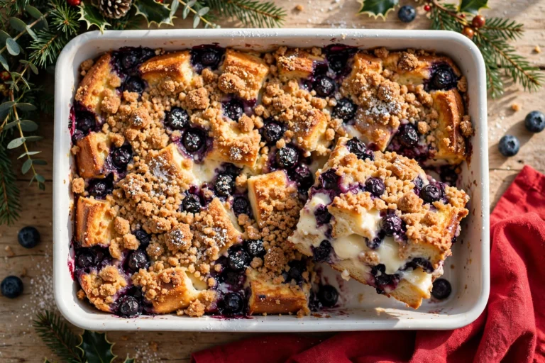Blueberry french toast casserole in a white baking dish with brown sugar streusel and a lifted square showing cream cheese pockets