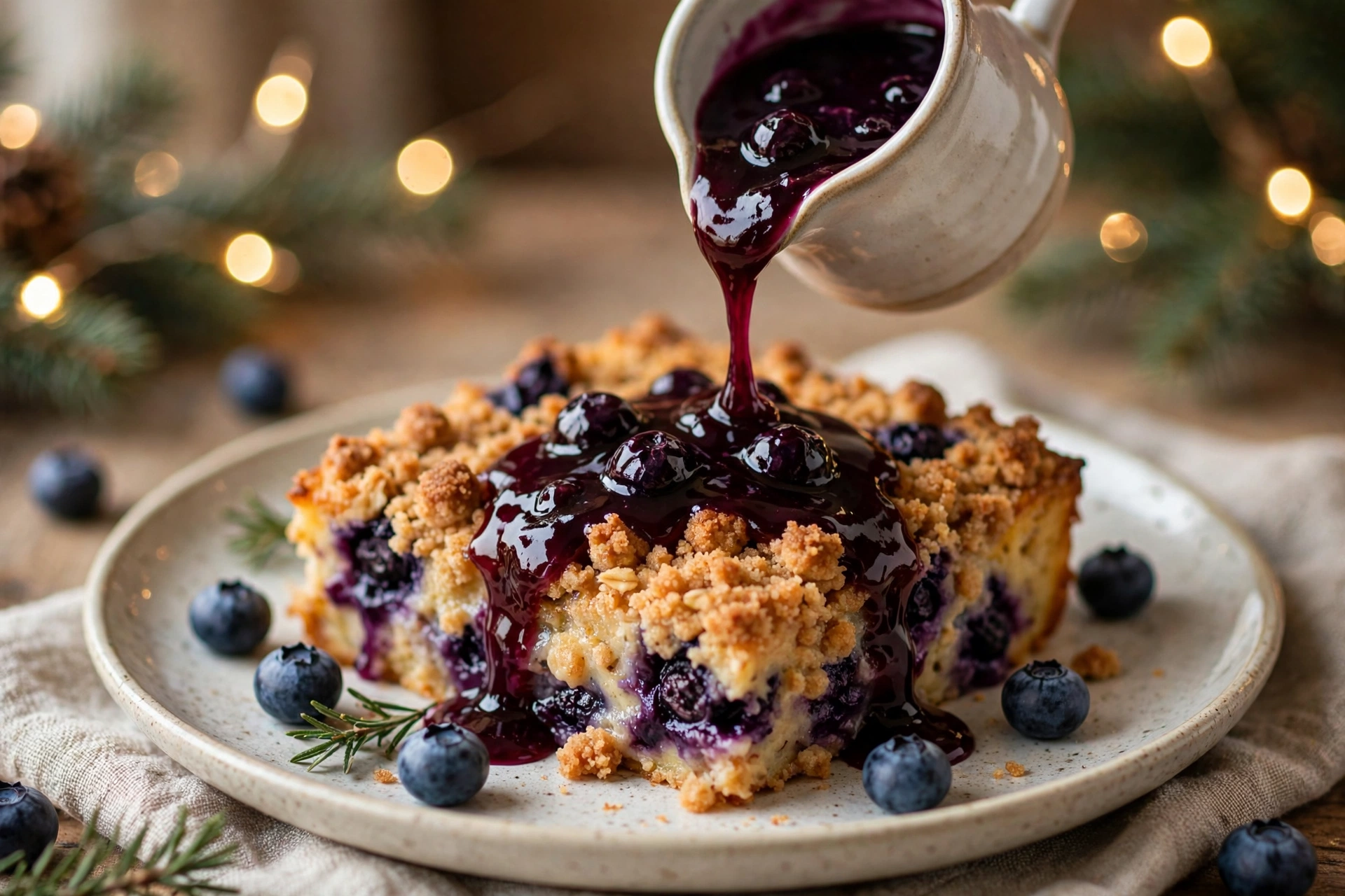 A plated square of blueberry french toast casserole with warm blueberry sauce spooned over the streusel top