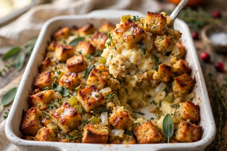 Old-fashioned bread stuffing with golden buttery bread cubes, sage and thyme in a white baking dish