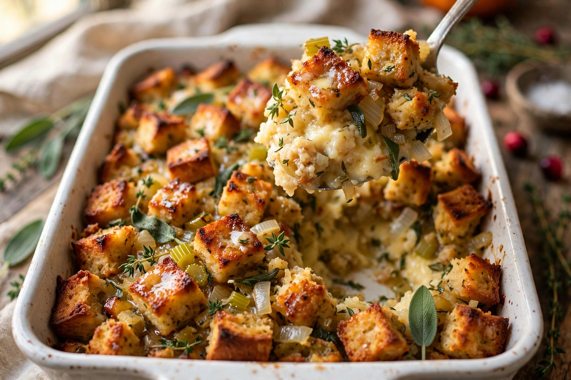 Old-fashioned bread stuffing with golden buttery bread cubes, sage and thyme in a white baking dish