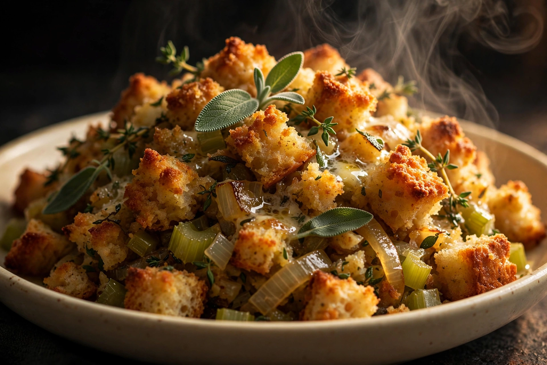 Close-up of golden old-fashioned bread stuffing with crisp herb-flecked bread cubes and celery