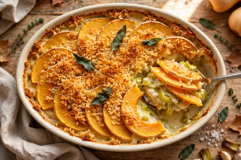 Butternut squash gratin baked with sage cream and a golden parmesan crumb, a spoon lifting one tender layered slice