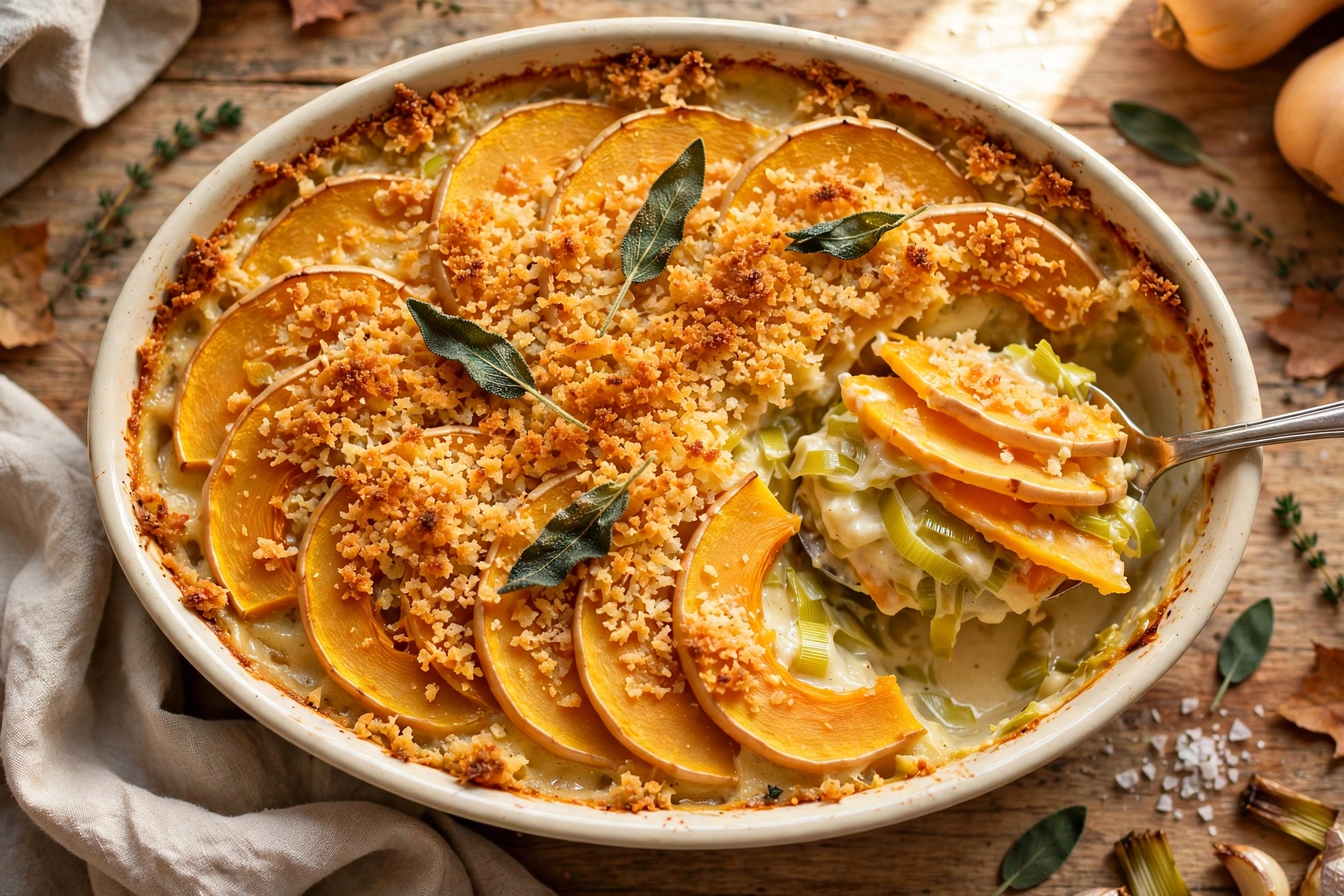 Butternut squash gratin baked with sage cream and a golden parmesan crumb, a spoon lifting one tender layered slice