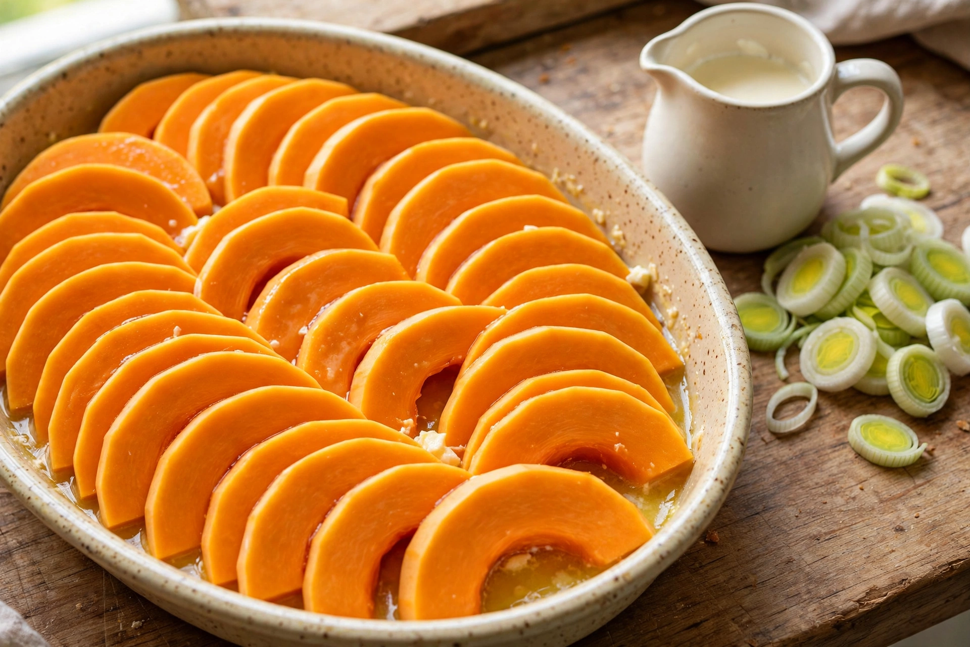 Raw slices arranged in overlapping rows for butternut squash gratin in a buttered oval dish, with a jug of cream beside it