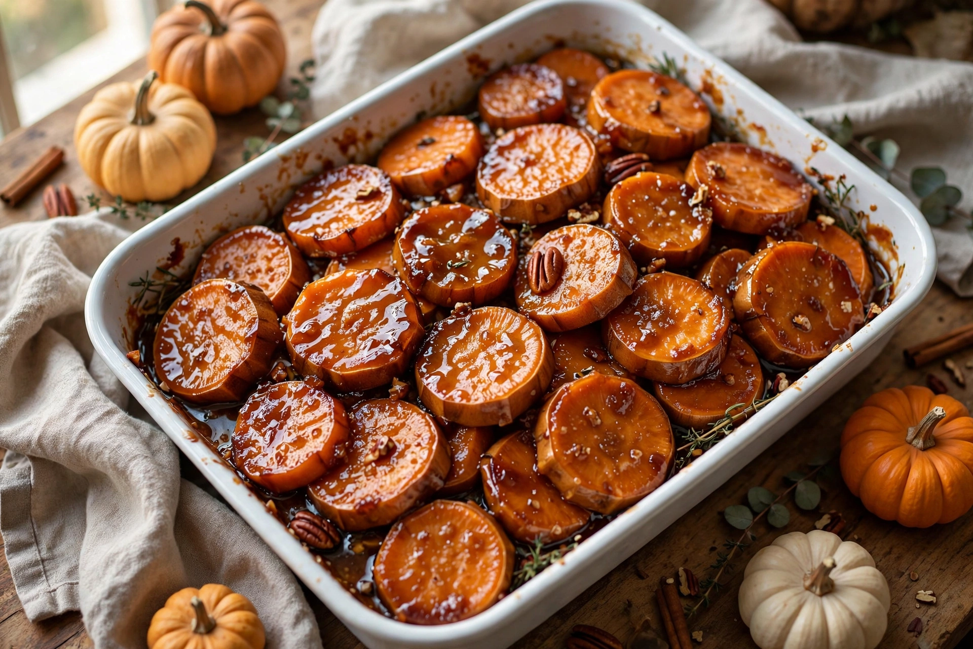 Candied yams in a white baking dish, glossy orange sweet potato rounds coated in brown sugar glaze with mini pumpkins on a Thanksgiving table