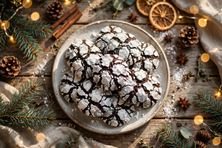 Plate of chocolate crinkle cookies with dramatic white crackled powdered sugar tops on a rustic Christmas table with pine sprigs and warm lights