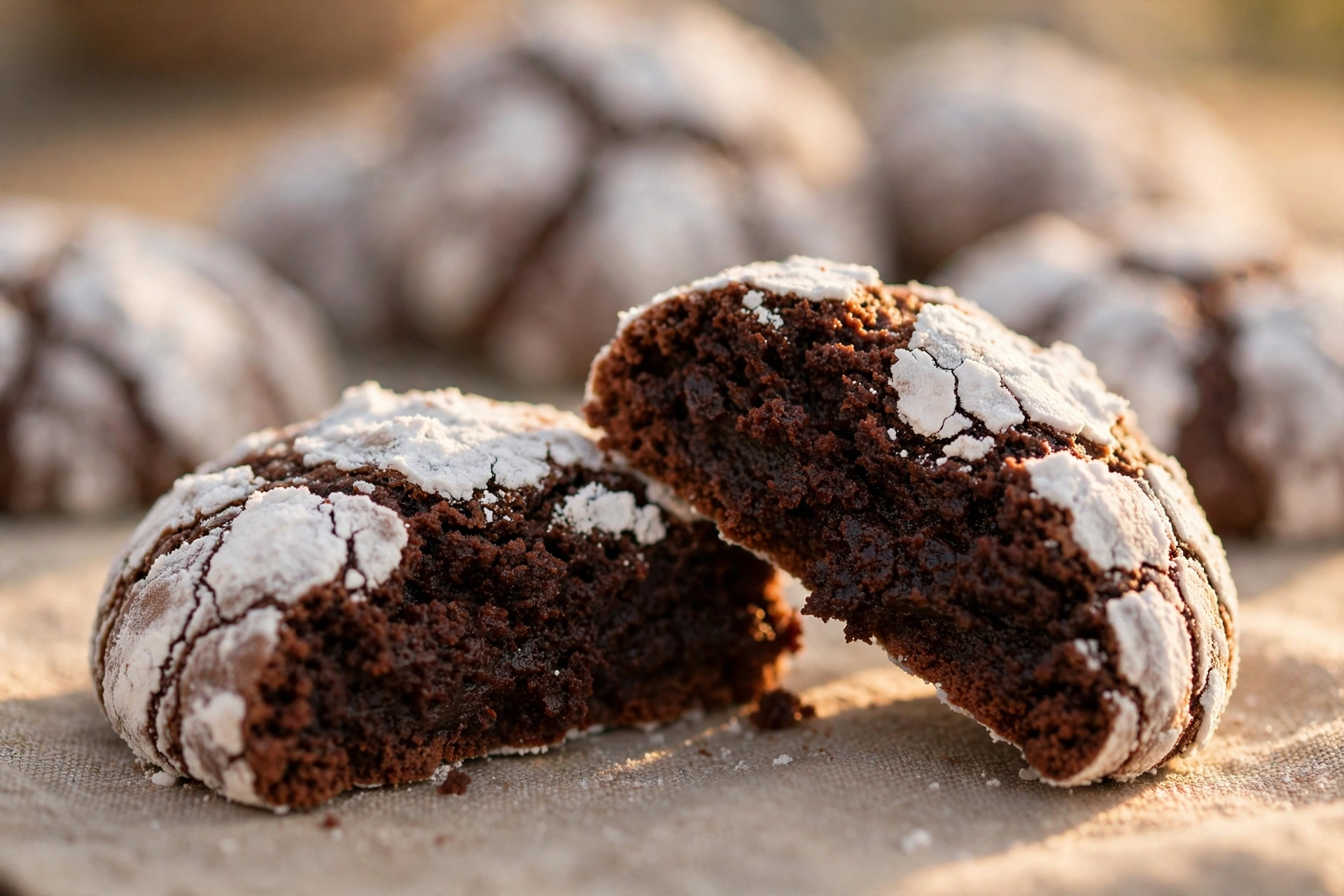 Chocolate crinkle cookie broken in half showing a dark fudgy brownie-like center under a white crackled powdered sugar crust, more cookies blurred behind