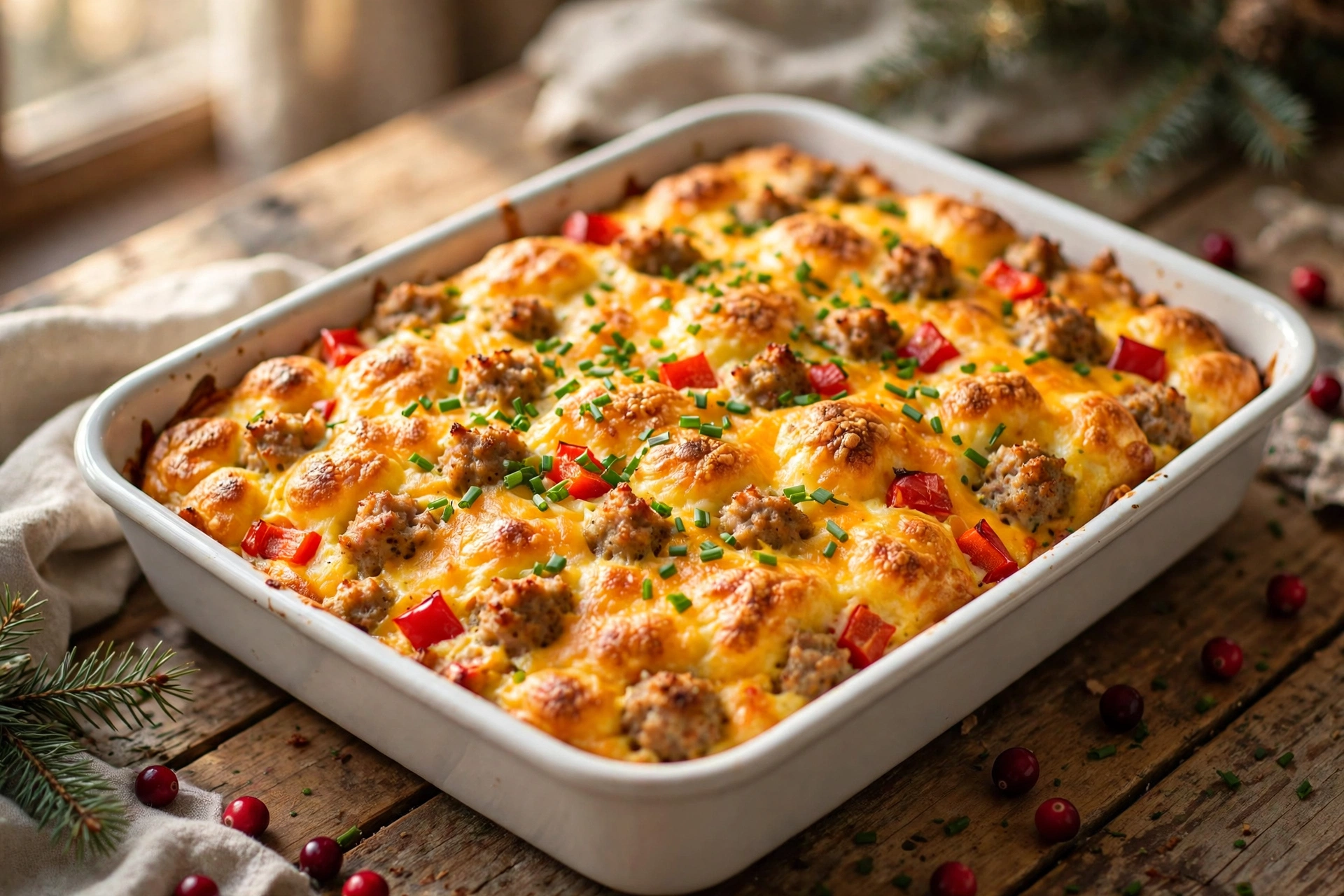 Golden baked Christmas morning casserole in a white baking dish topped with melted cheddar and fresh chives