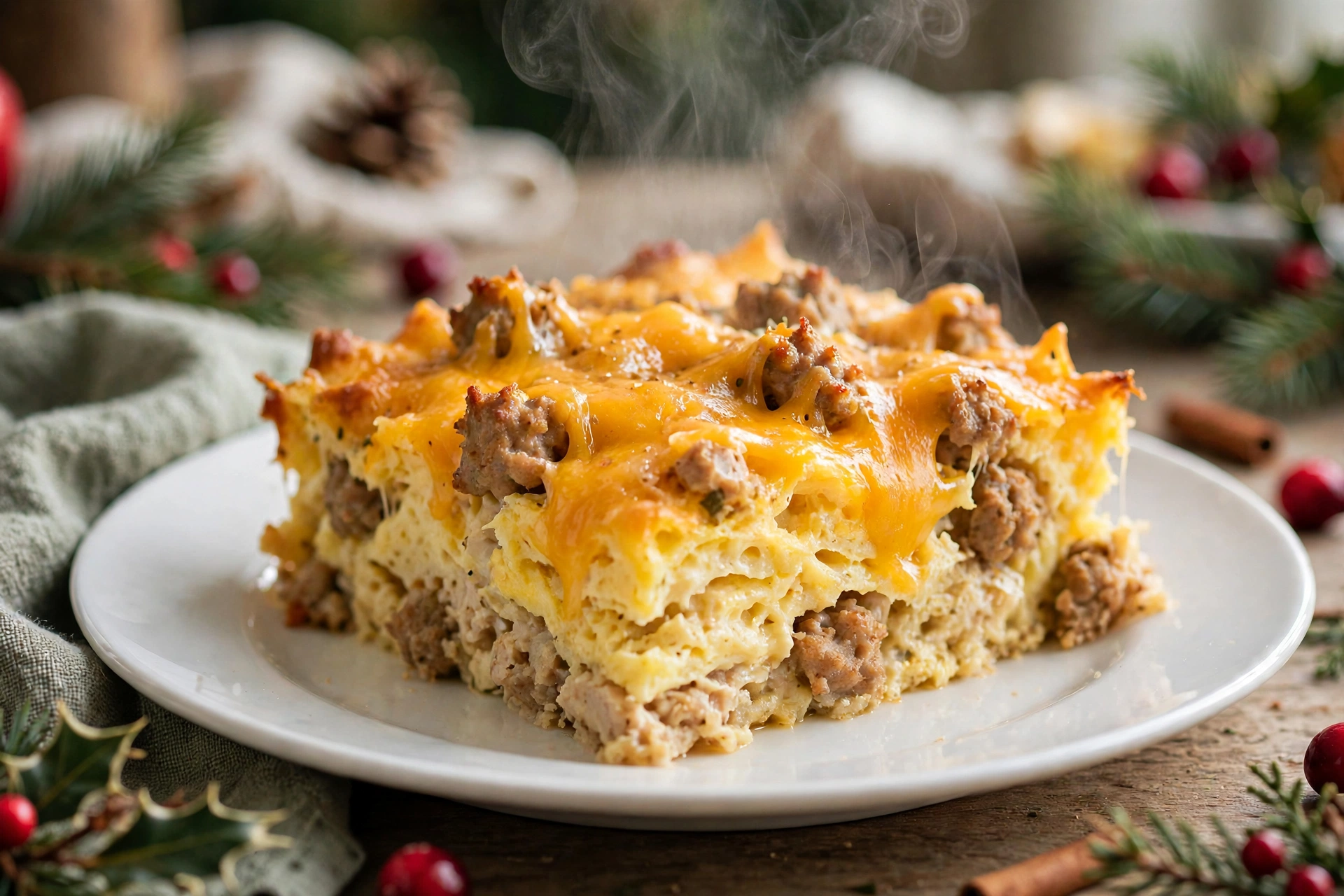 Close-up slice of Christmas morning casserole showing fluffy egg, turkey sausage and melted cheese layers