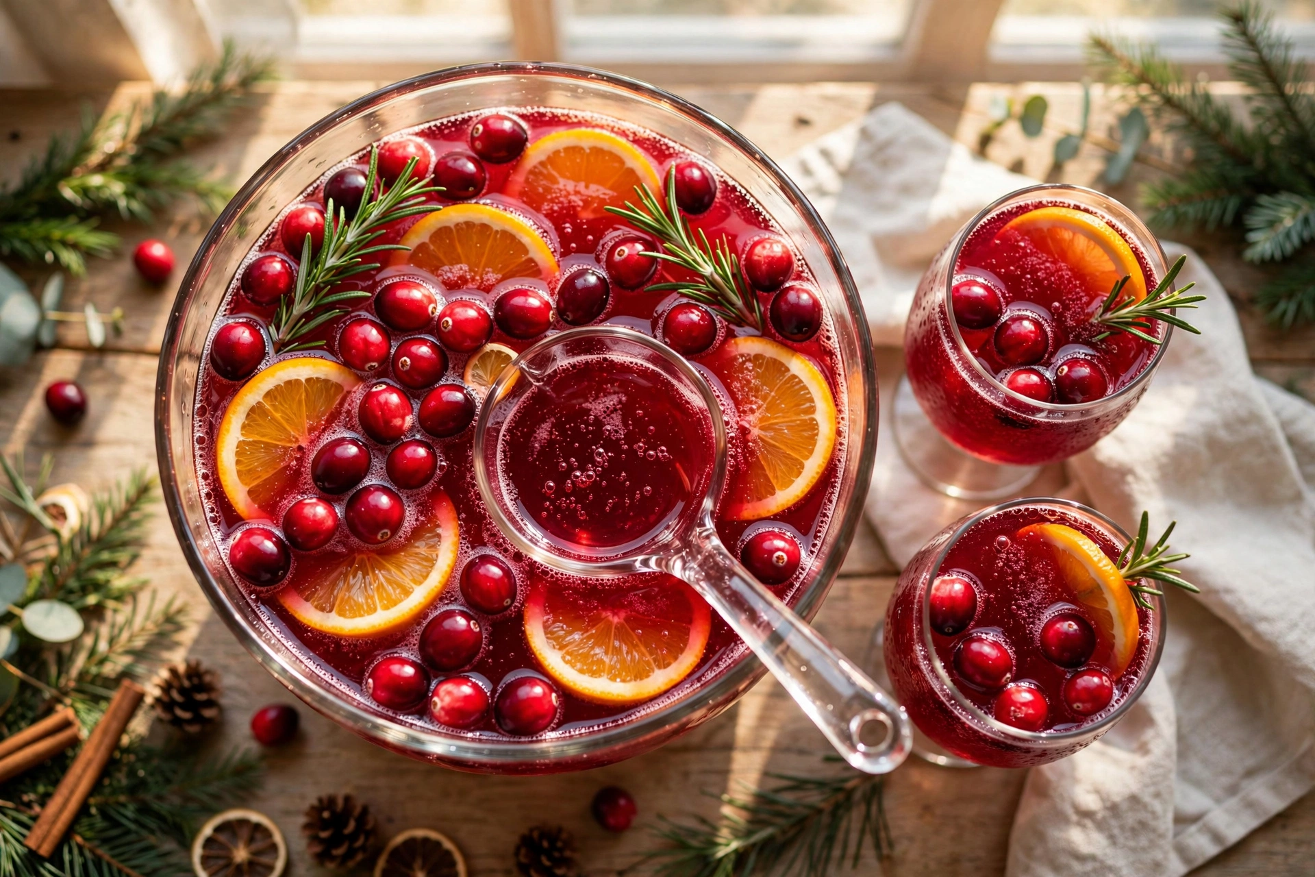 Sparkling cranberry orange christmas punch in a glass bowl with fresh cranberries, orange wheels, rosemary and two filled glasses