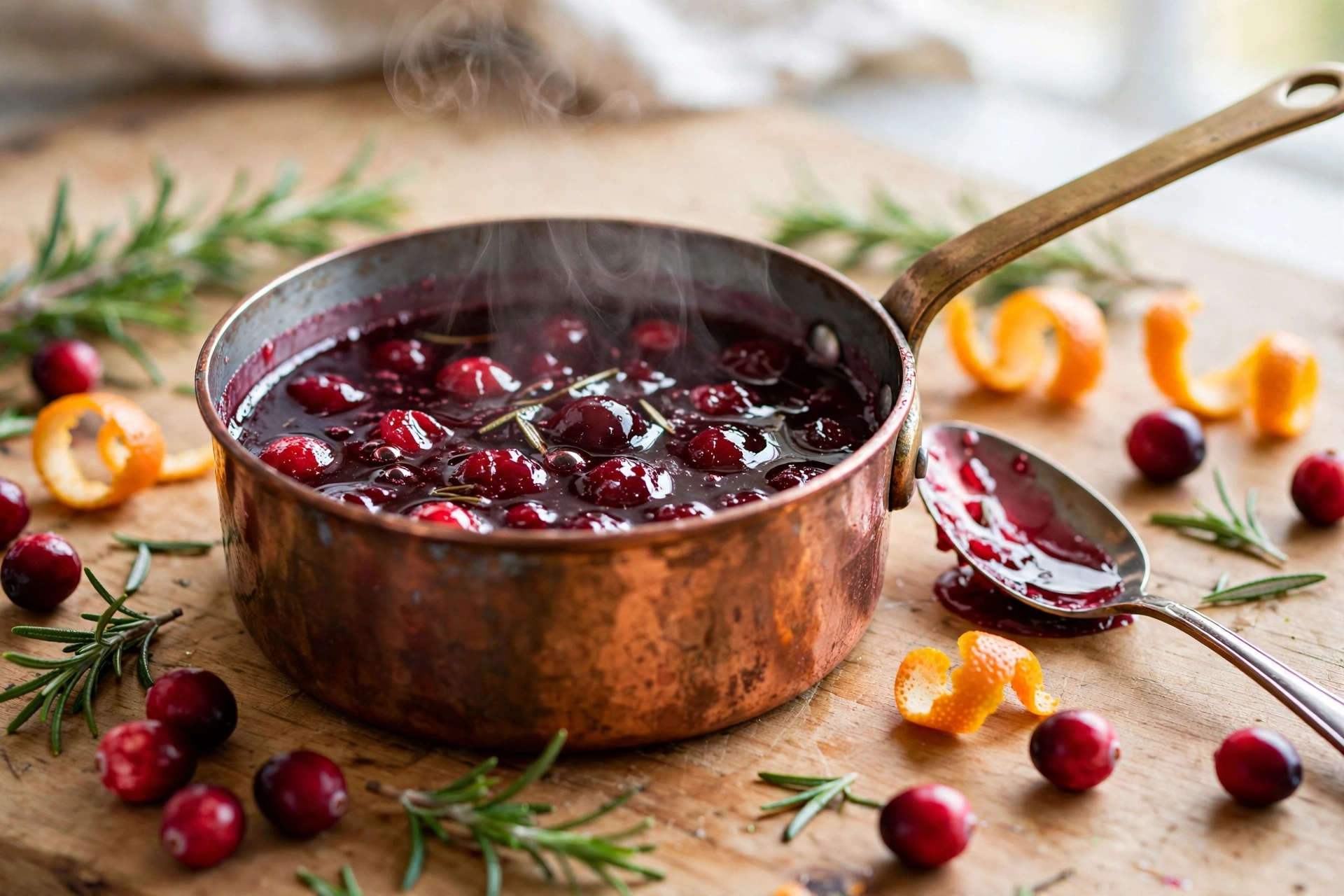 Cranberry rosemary syrup for christmas punch cooling in a small copper saucepan with fresh cranberries and orange peel