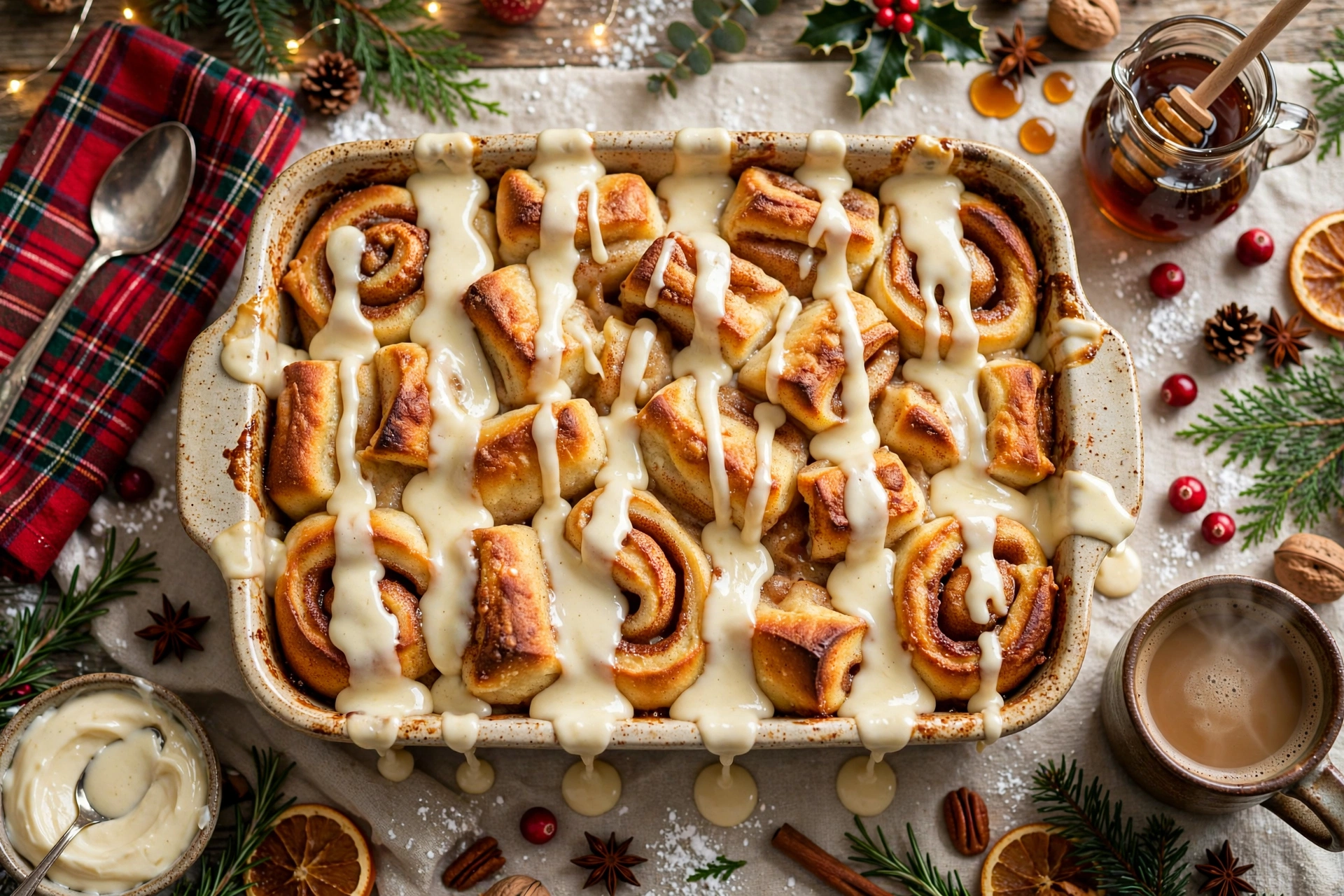Overnight cinnamon roll casserole in a white baking dish with maple cream cheese icing dripping over golden cinnamon swirls