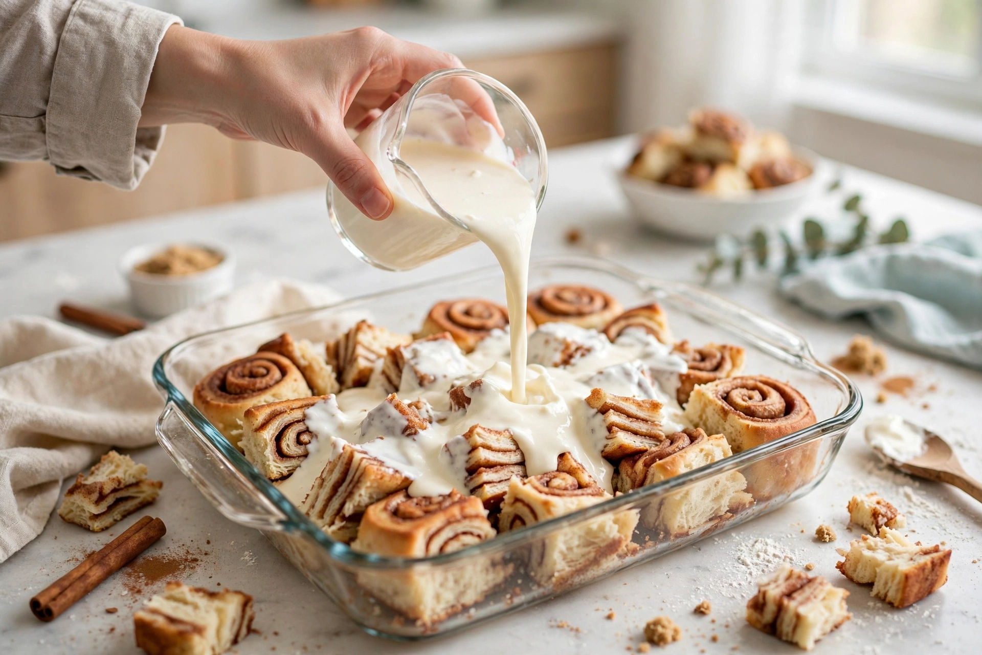 Spooning maple cream cheese icing over a warm cinnamon roll casserole as a prep step before serving Christmas brunch