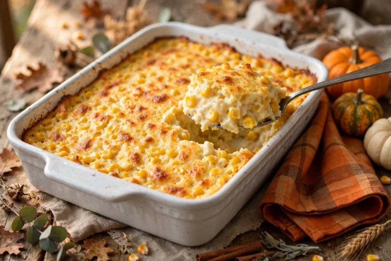 Corn casserole baked golden in a white ceramic baking dish with a spoon lifting a creamy scoop, mini pumpkins on a Thanksgiving table