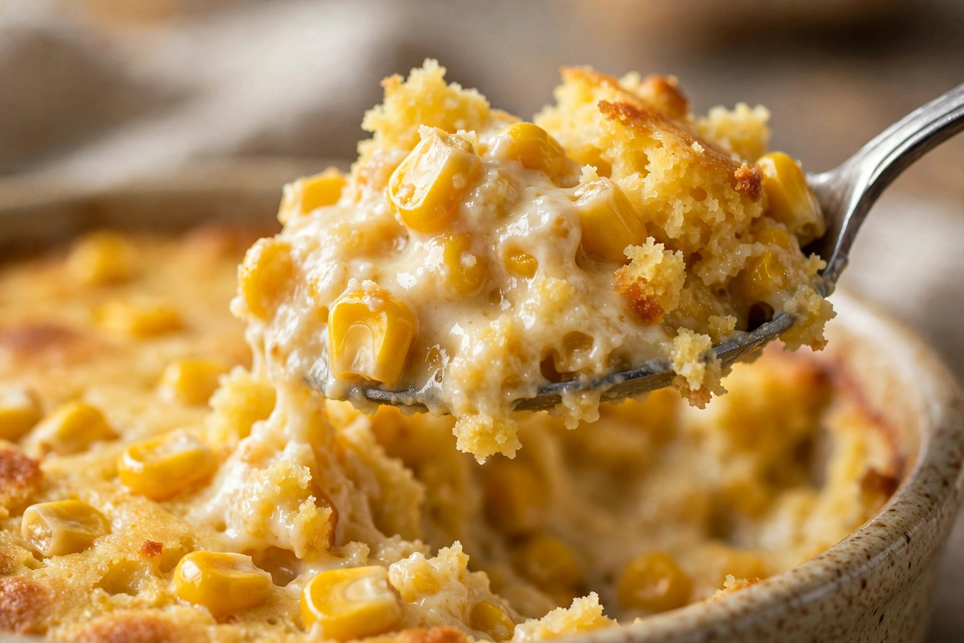 Close-up of a spoon lifting creamy corn casserole with whole corn kernels and soft custardy cornbread crumb
