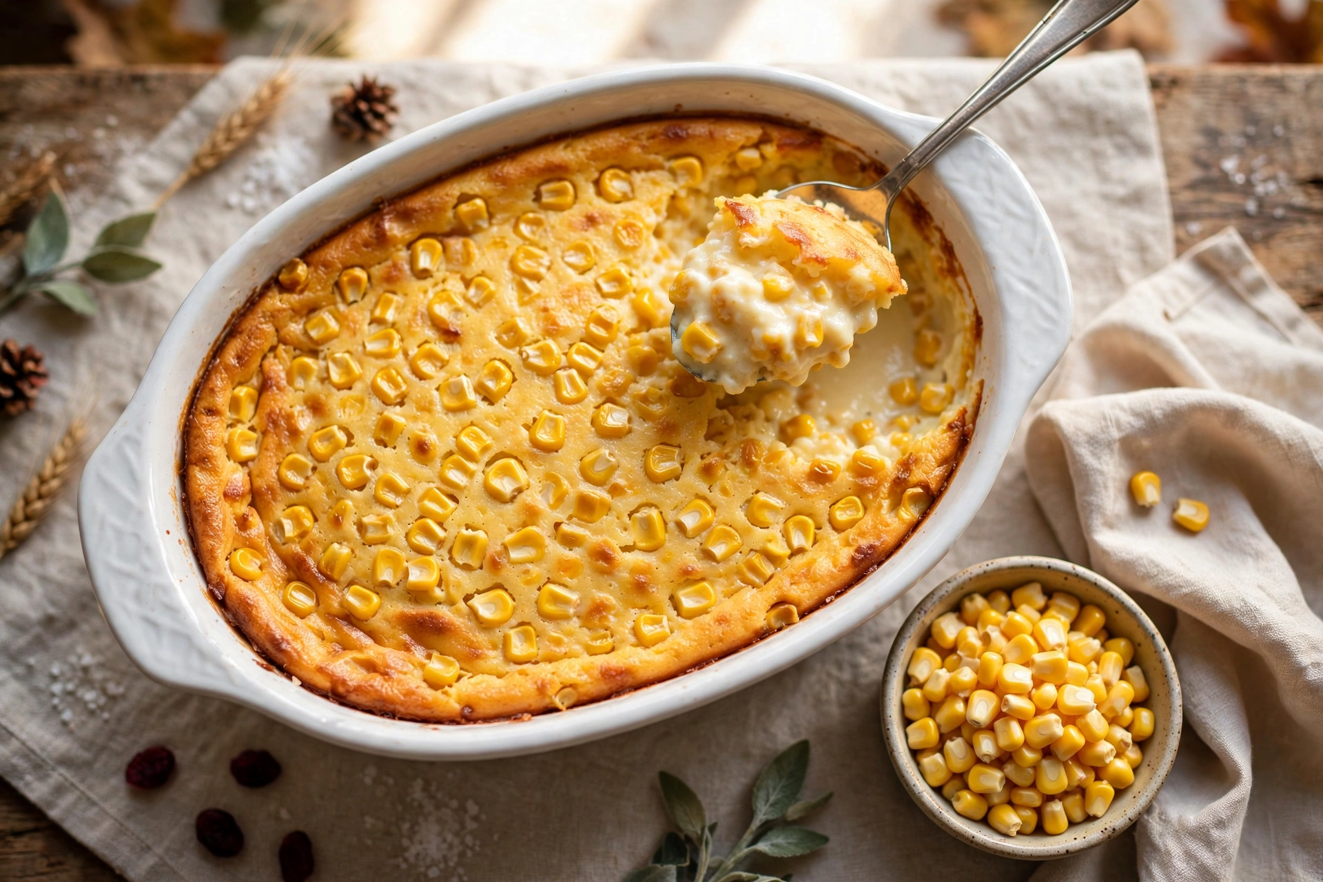 Southern corn pudding in a white ceramic dish with a spoon lifting a creamy scoop of custard and whole kernels