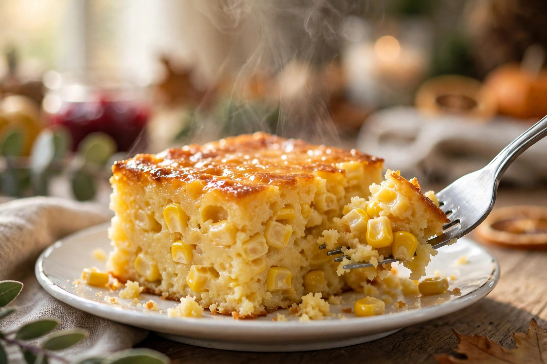 A serving of southern corn pudding on a small plate showing the set custard and whole corn kernels