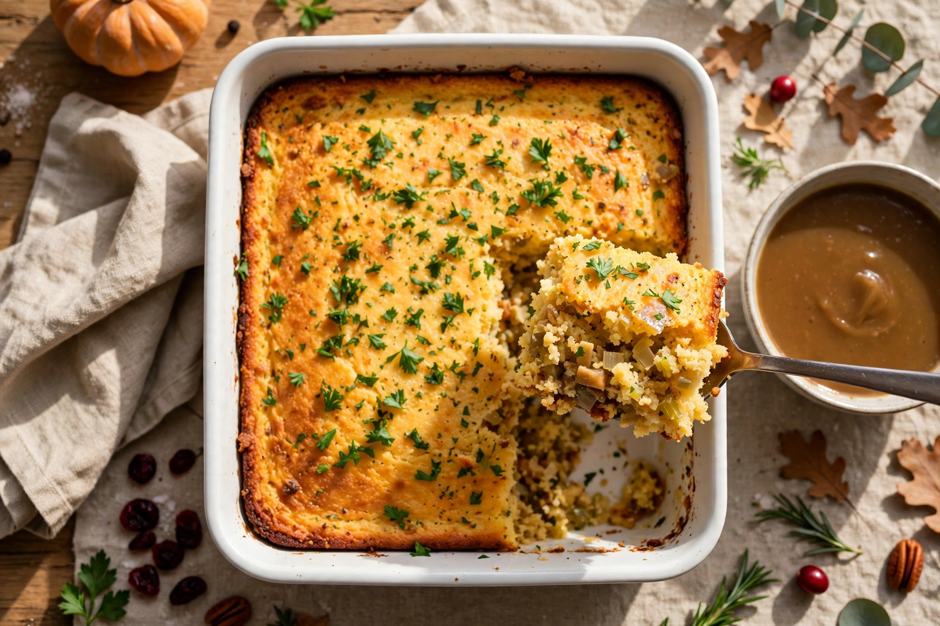 Southern cornbread dressing in a white ceramic dish with crisp golden top, chopped parsley and a spoon lifting a moist square