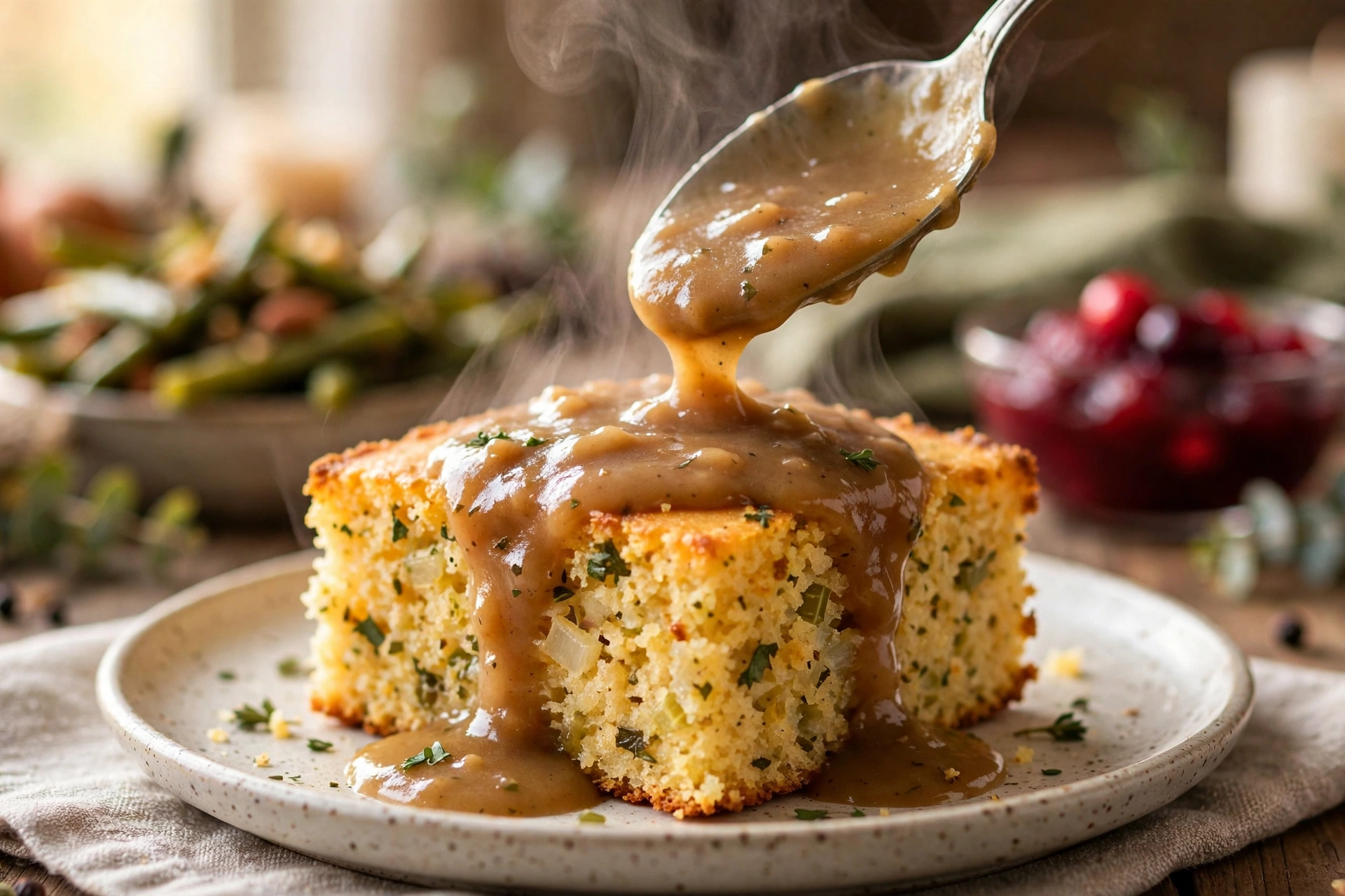 A plated square of southern cornbread dressing with warm gravy spooned over the crisp top