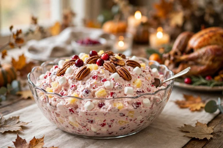 Cranberry fluff salad in a glass bowl on a Thanksgiving table, pink whipped salad with cranberries, pineapple, marshmallows and toasted pecans