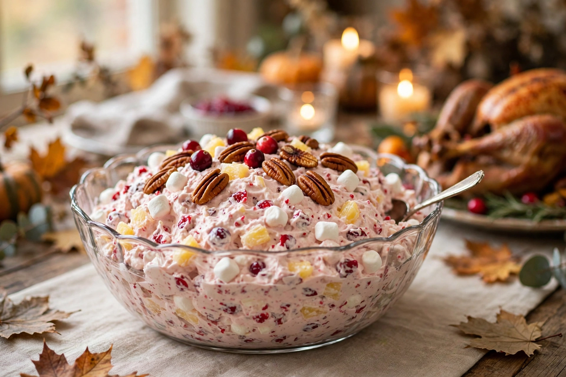 Cranberry fluff salad in a glass bowl on a Thanksgiving table, pink whipped salad with cranberries, pineapple, marshmallows and toasted pecans
