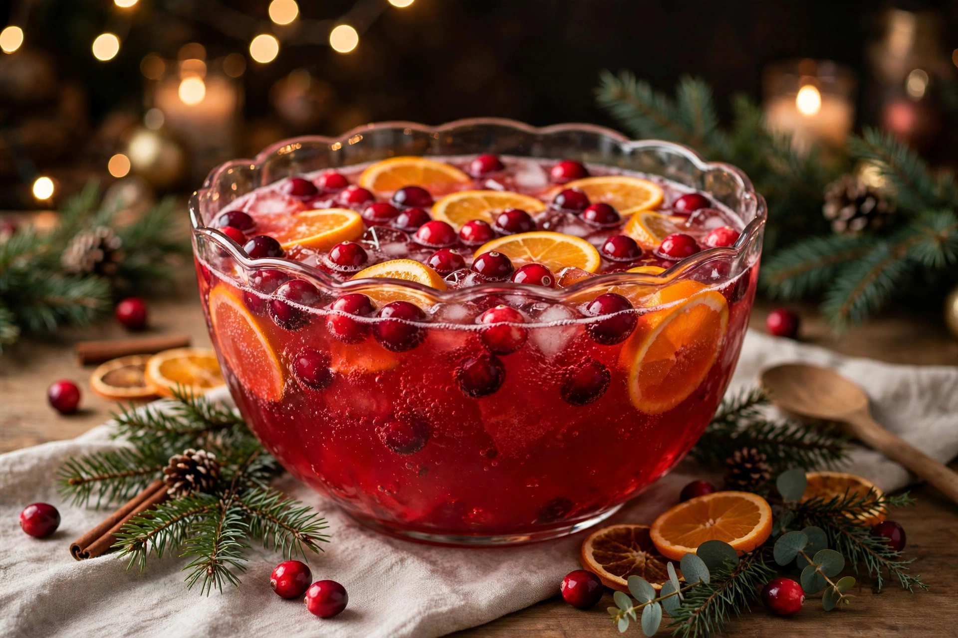 Cranberry orange Christmas punch in a glass punch bowl with floating cranberries and orange slices on a festive holiday table