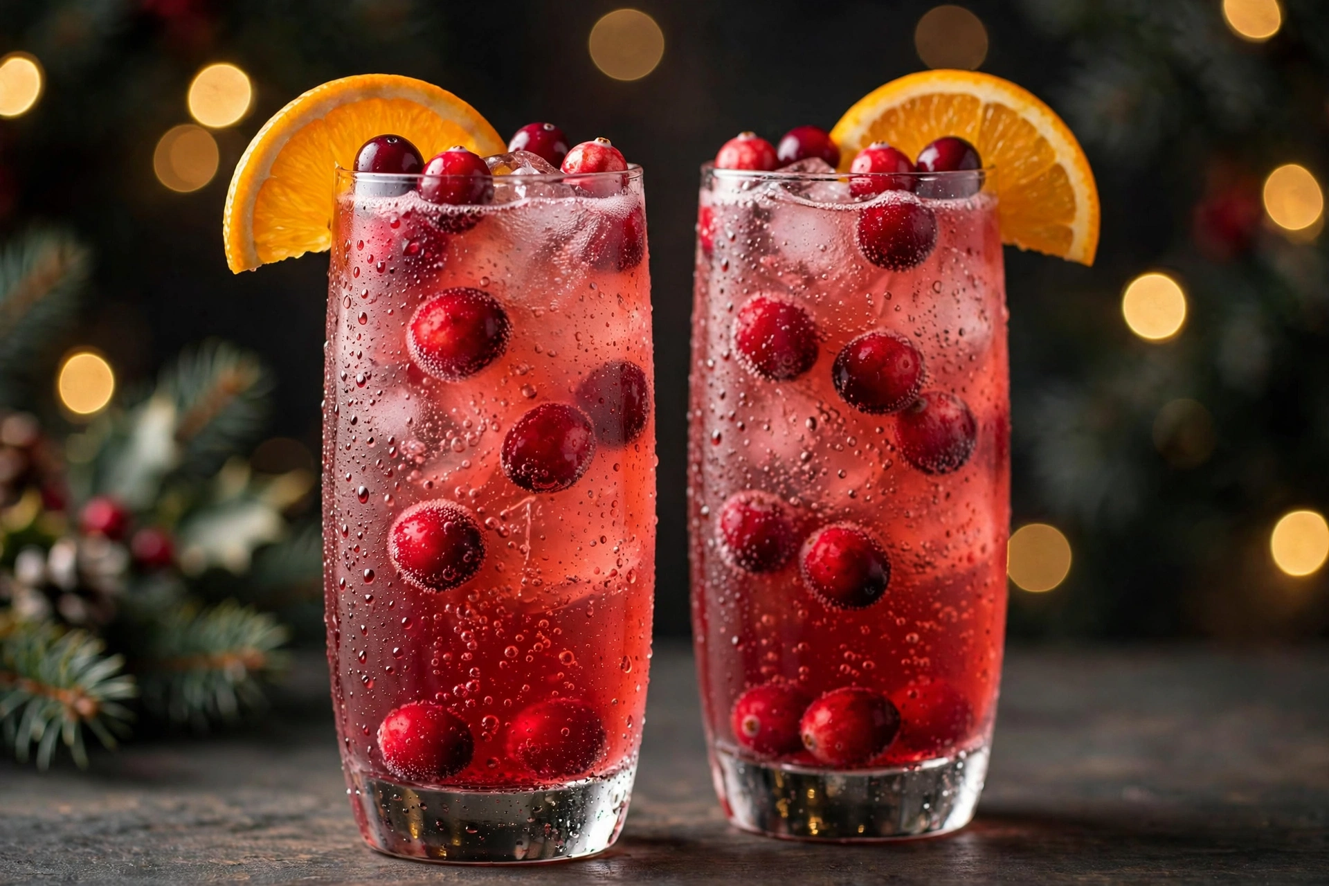 Two tall glasses of sparkling cranberry orange Christmas punch garnished with fresh cranberries and orange slices