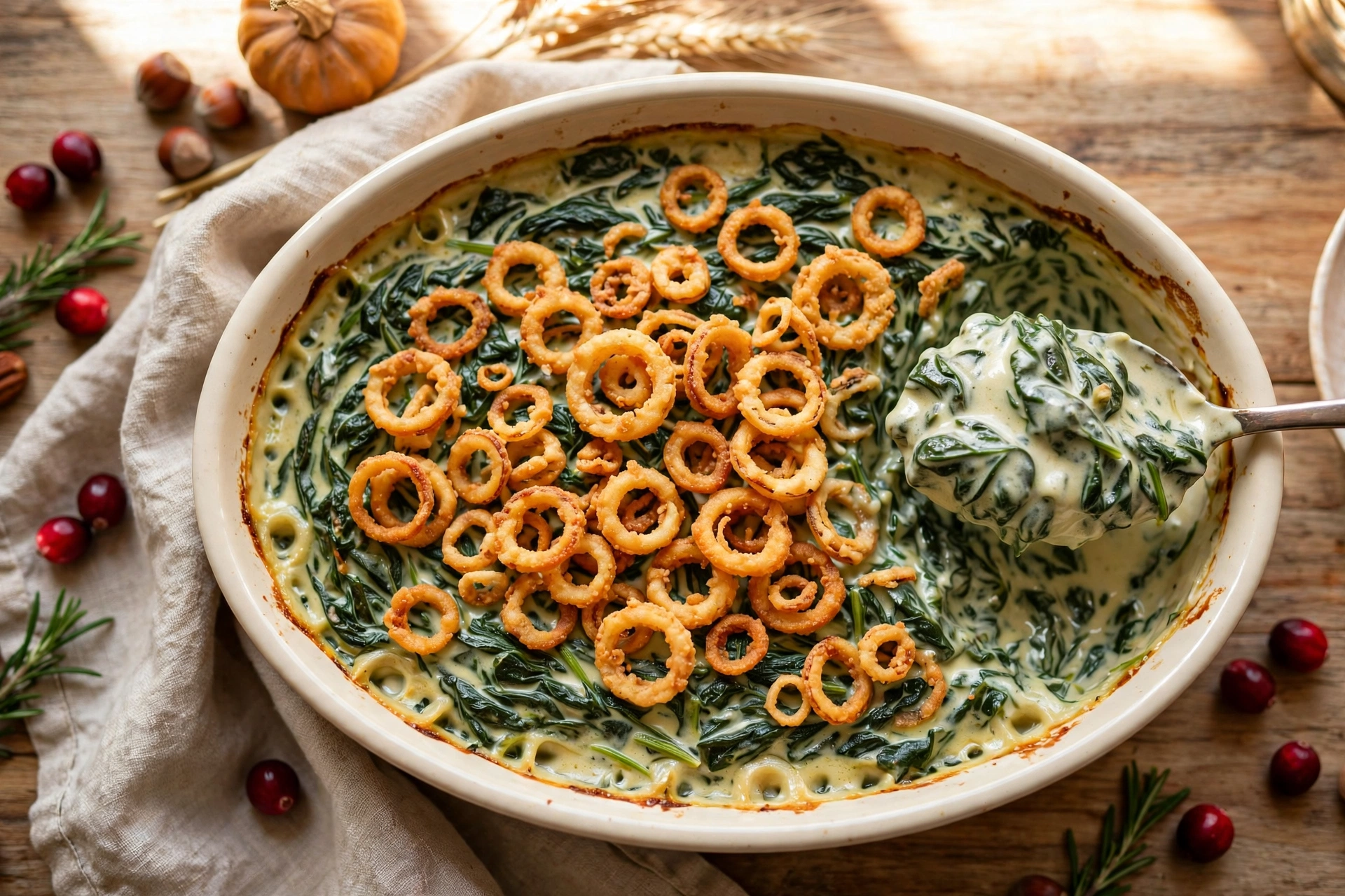 Make-ahead creamed spinach baked in a cream dish under crispy golden parmesan shallot rings, a spoon lifting a glossy portion