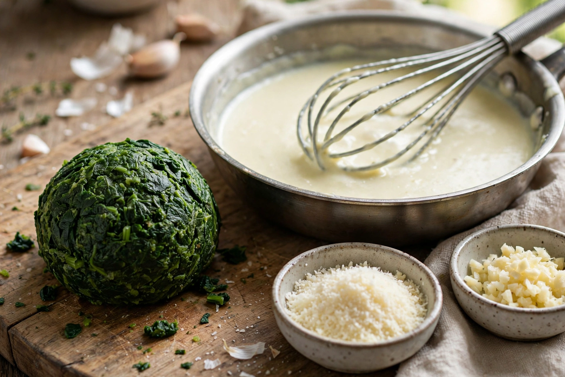 Blanched spinach squeezed into a compact ball beside a skillet of creamy sauce with parmesan and garlic, for creamed spinach