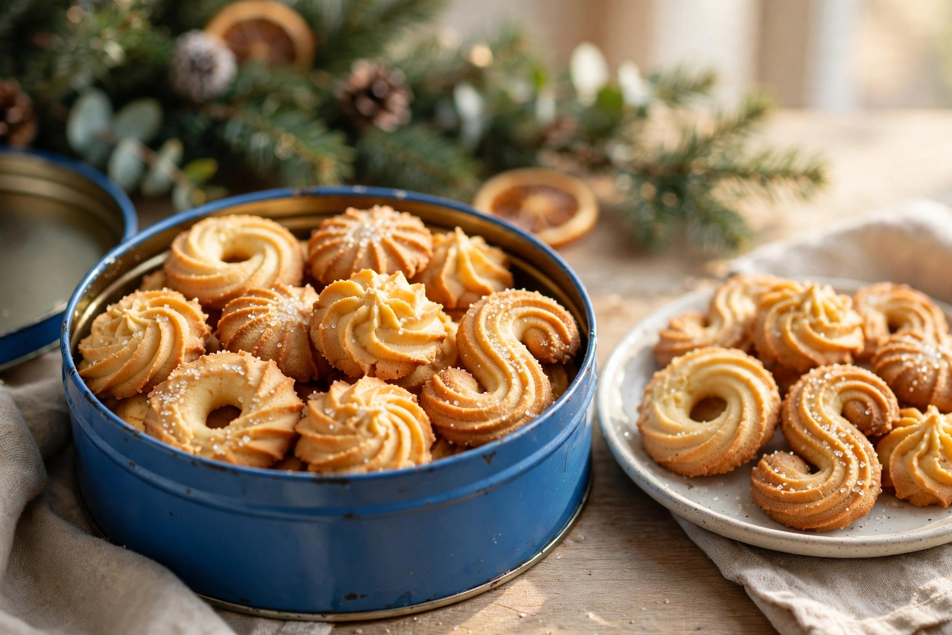 Danish butter cookies in an open blue tin, piped rings, rosettes and S curves with golden ridges and coarse sugar, more cookies on a plate beside