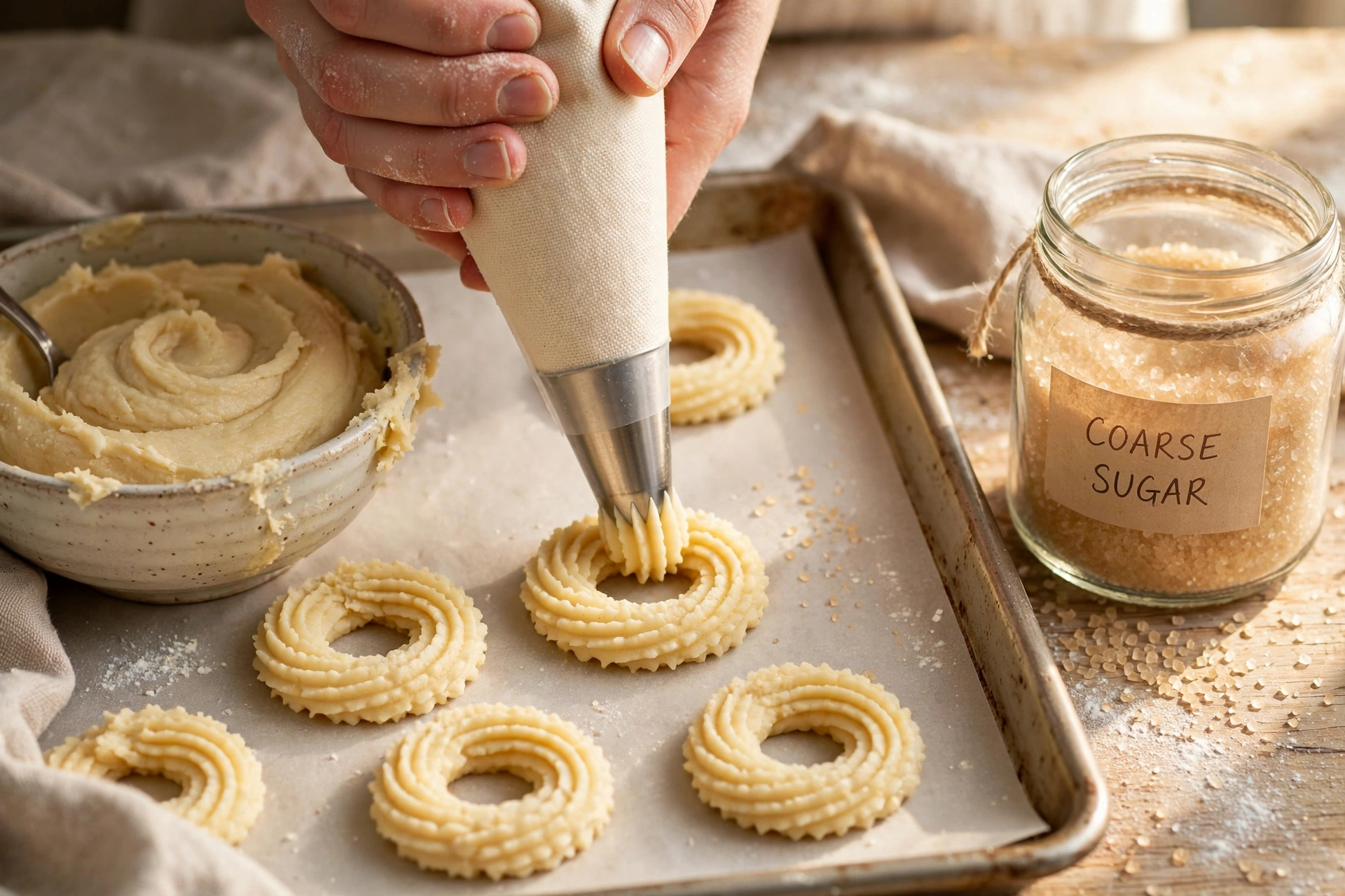 Piping Danish butter cookie rings with a large open star tip onto a parchment lined sheet, a bowl of dough and a jar of coarse sugar beside
