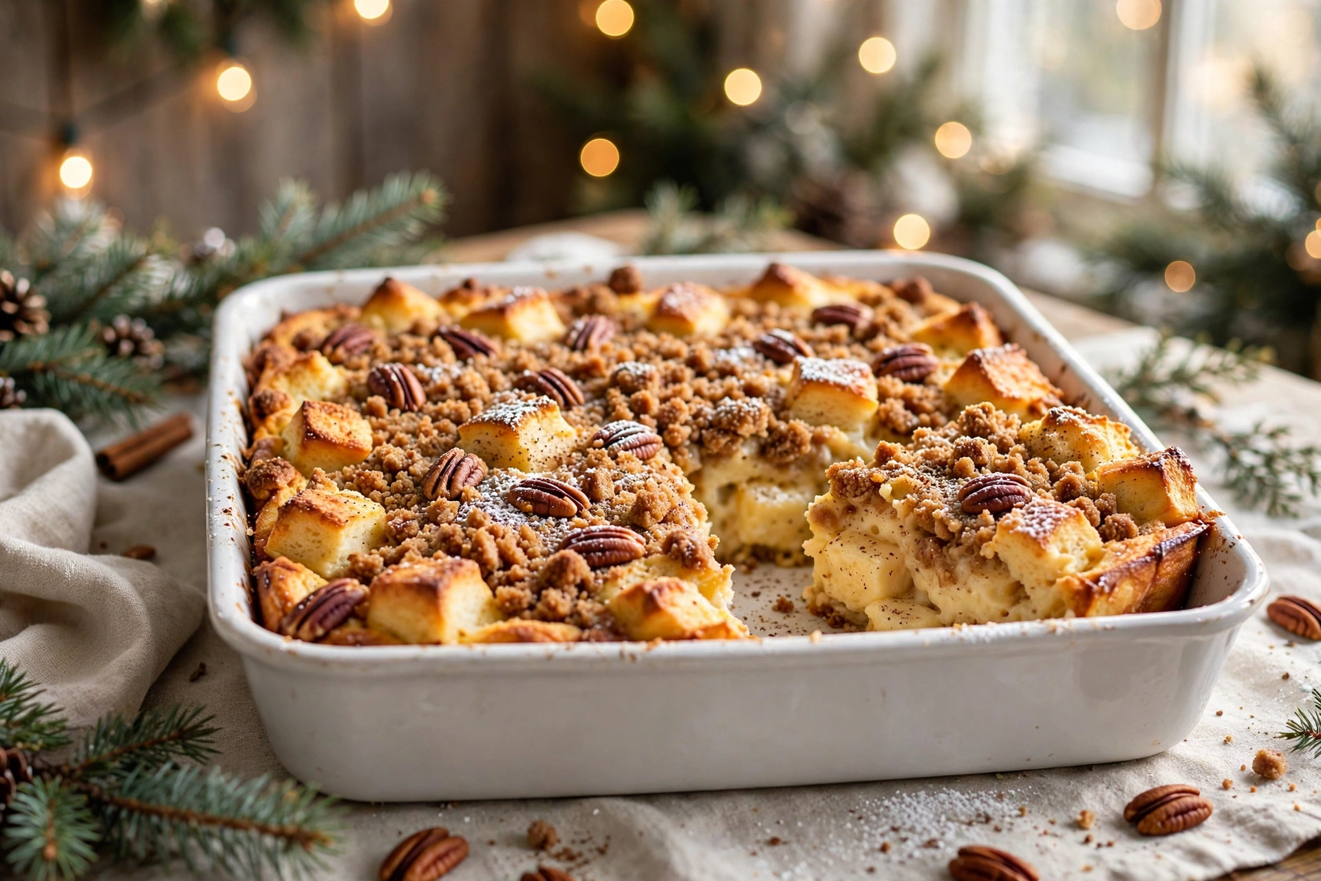 Eggnog French toast casserole baked in a white dish, golden pecan streusel top with one custardy square cut