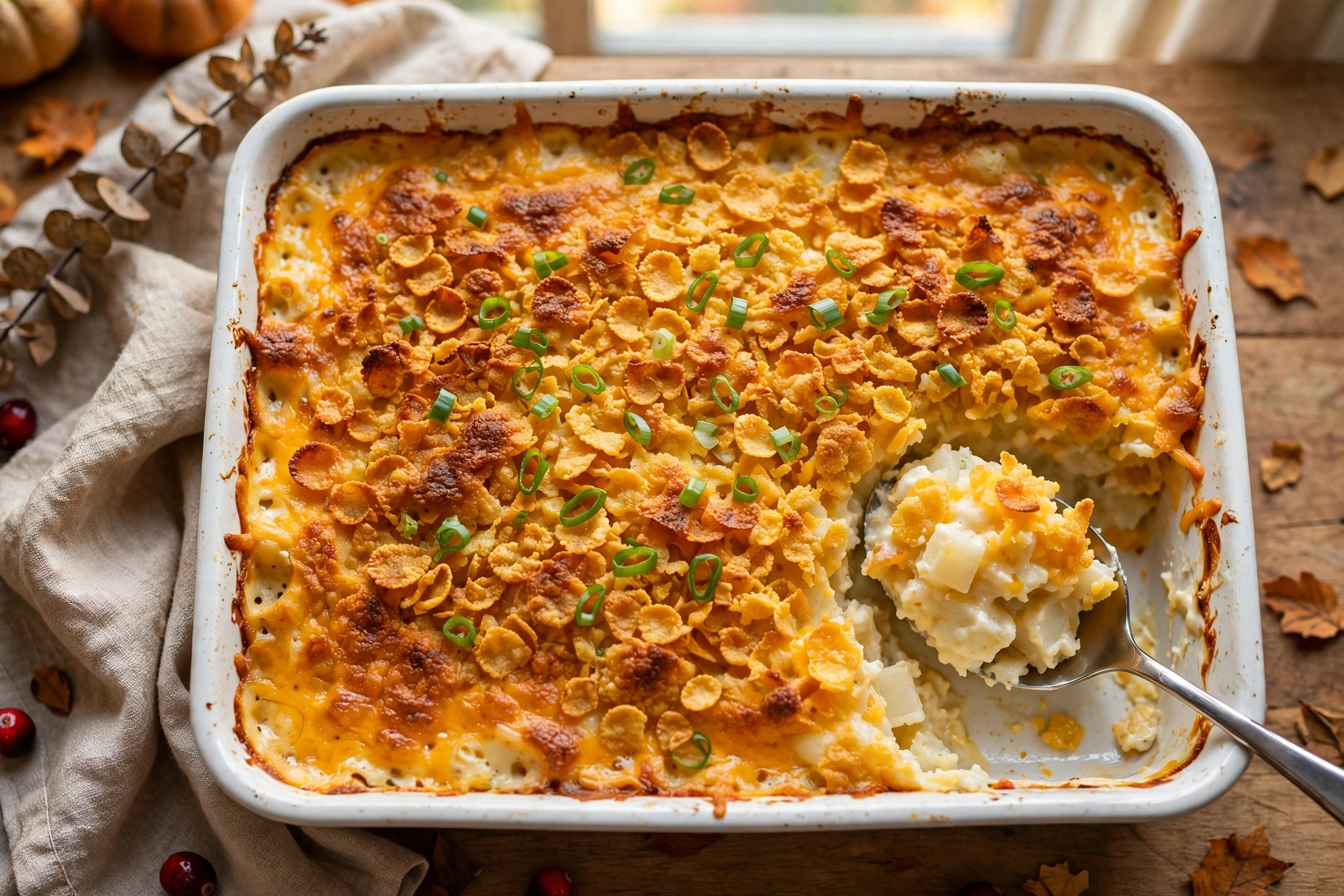Make ahead funeral potatoes in a white baking dish with golden cornflake topping, melted cheddar and a creamy scoop lifted on a spoon