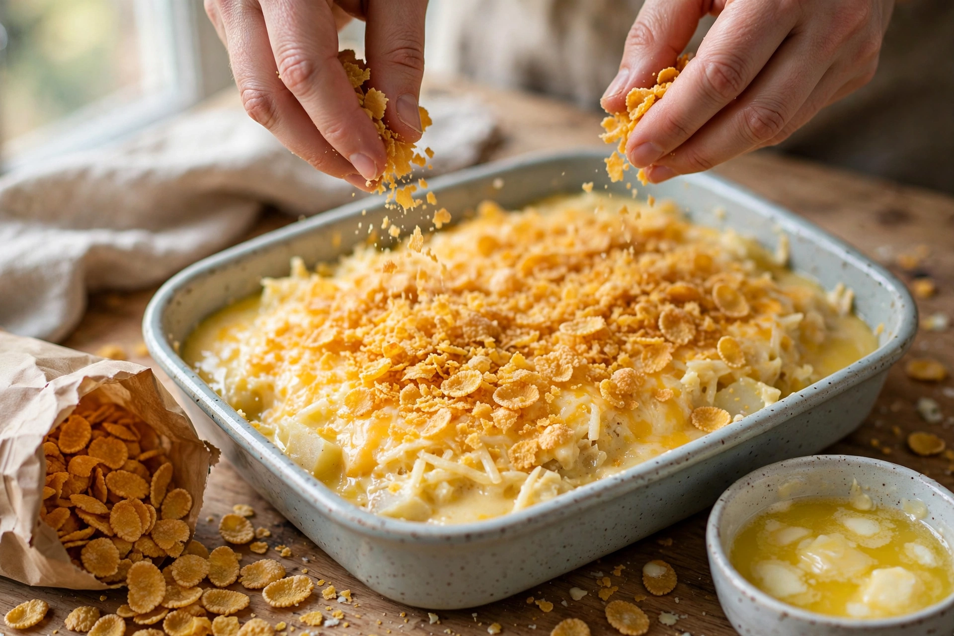 Sprinkling buttered cornflakes over assembled make ahead funeral potatoes before baking, the make ahead topping step