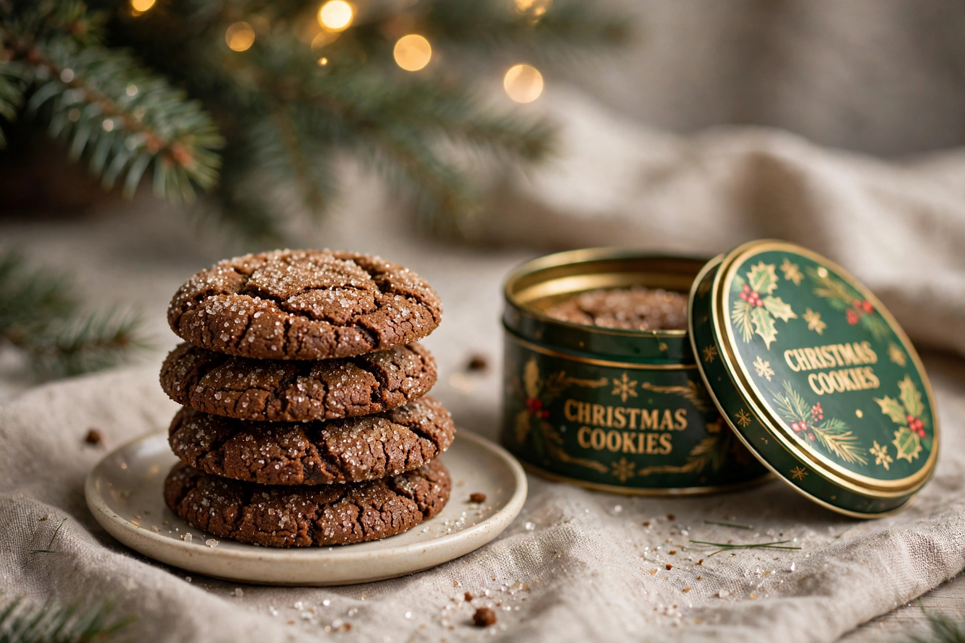 Ginger molasses cookies with crackled sparkling sugar tops stacked beside a Christmas cookie tin