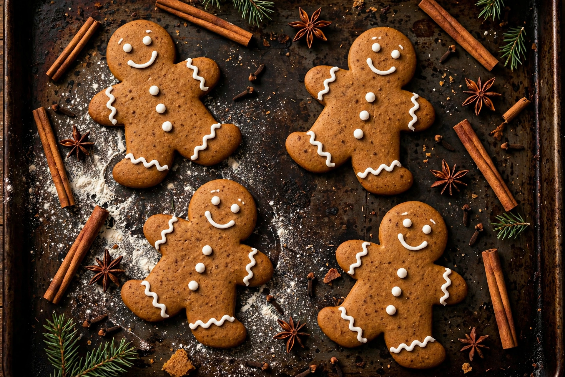 Gingerbread cookies decorated with white royal icing on a rustic baking sheet with cinnamon sticks and star anise