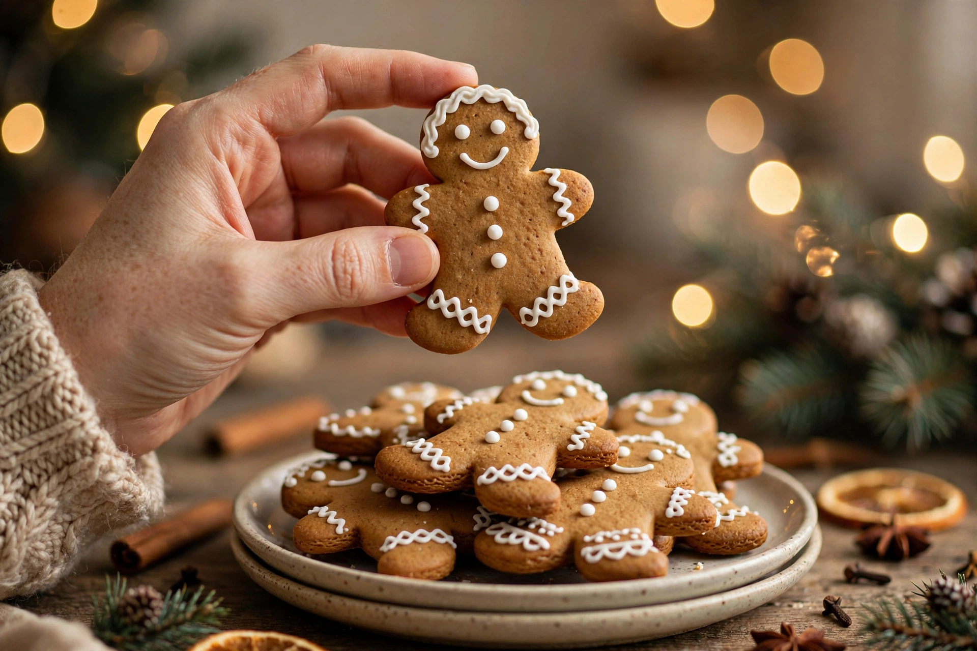 Hand holding a decorated gingerbread man above a plate of gingerbread cookies with warm Christmas lights in the background