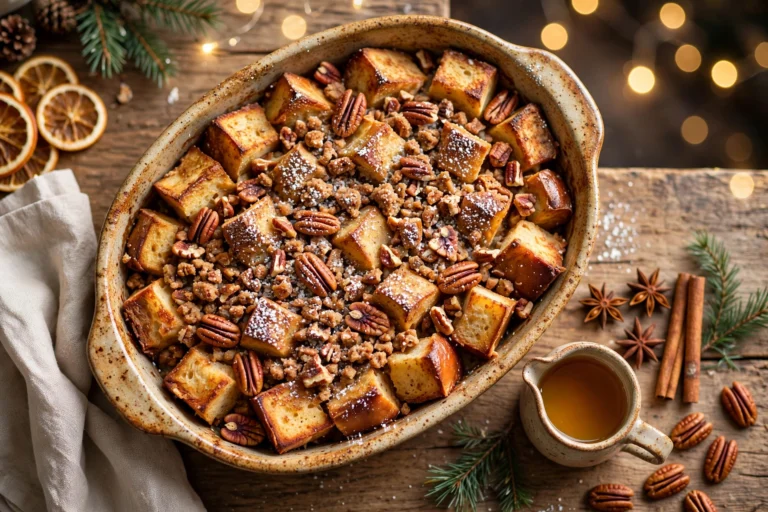 Gingerbread french toast casserole baked in a rustic dish with pecan streusel, powdered sugar and maple syrup for Christmas brunch