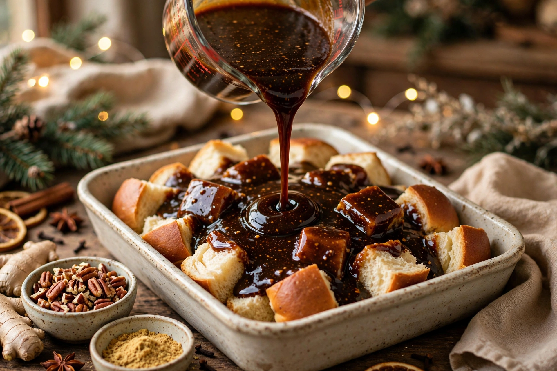 Pouring dark molasses custard over challah cubes for gingerbread french toast casserole before the overnight soak
