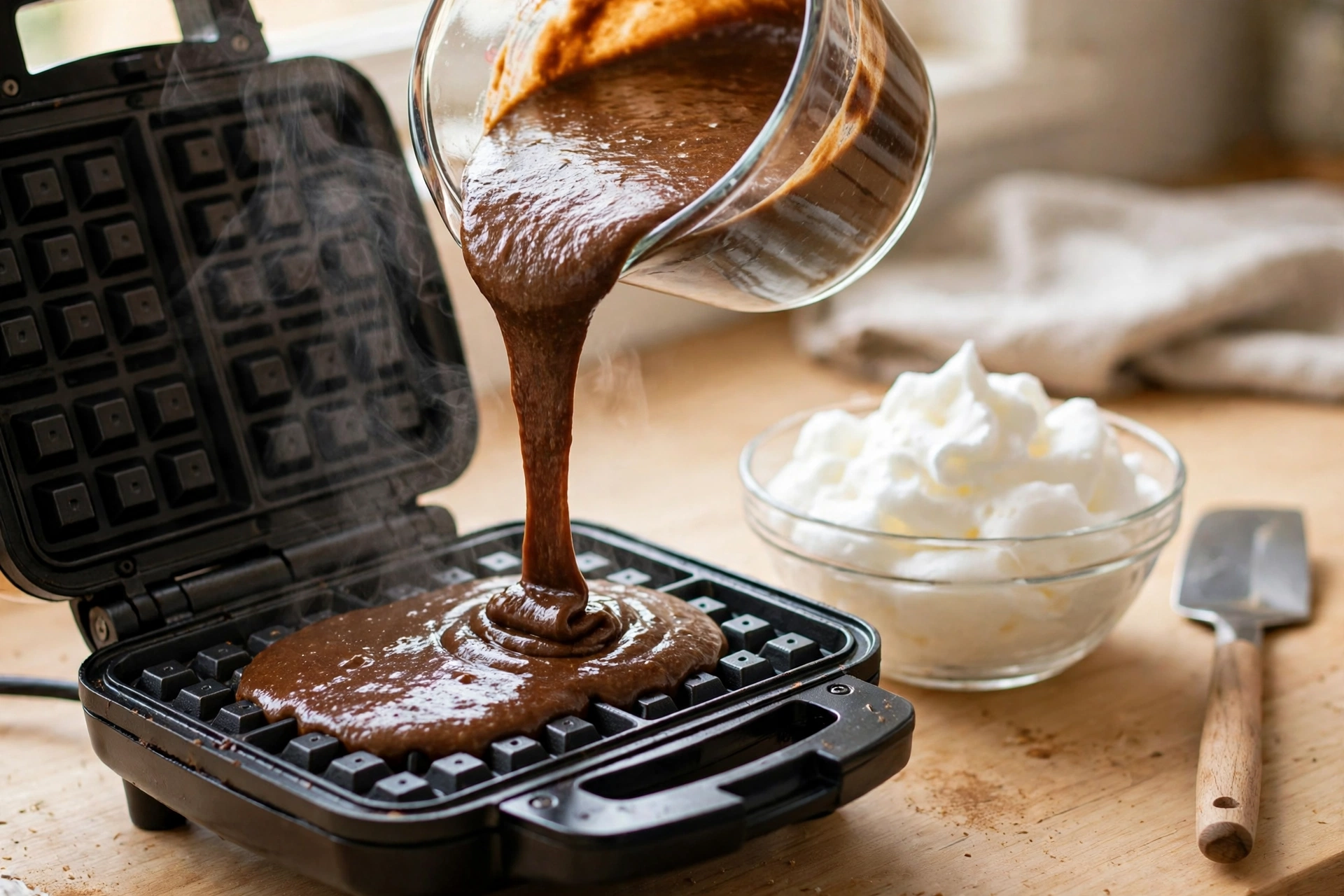 Gingerbread waffle batter poured into a hot waffle iron with a bowl of beaten egg whites beside it
