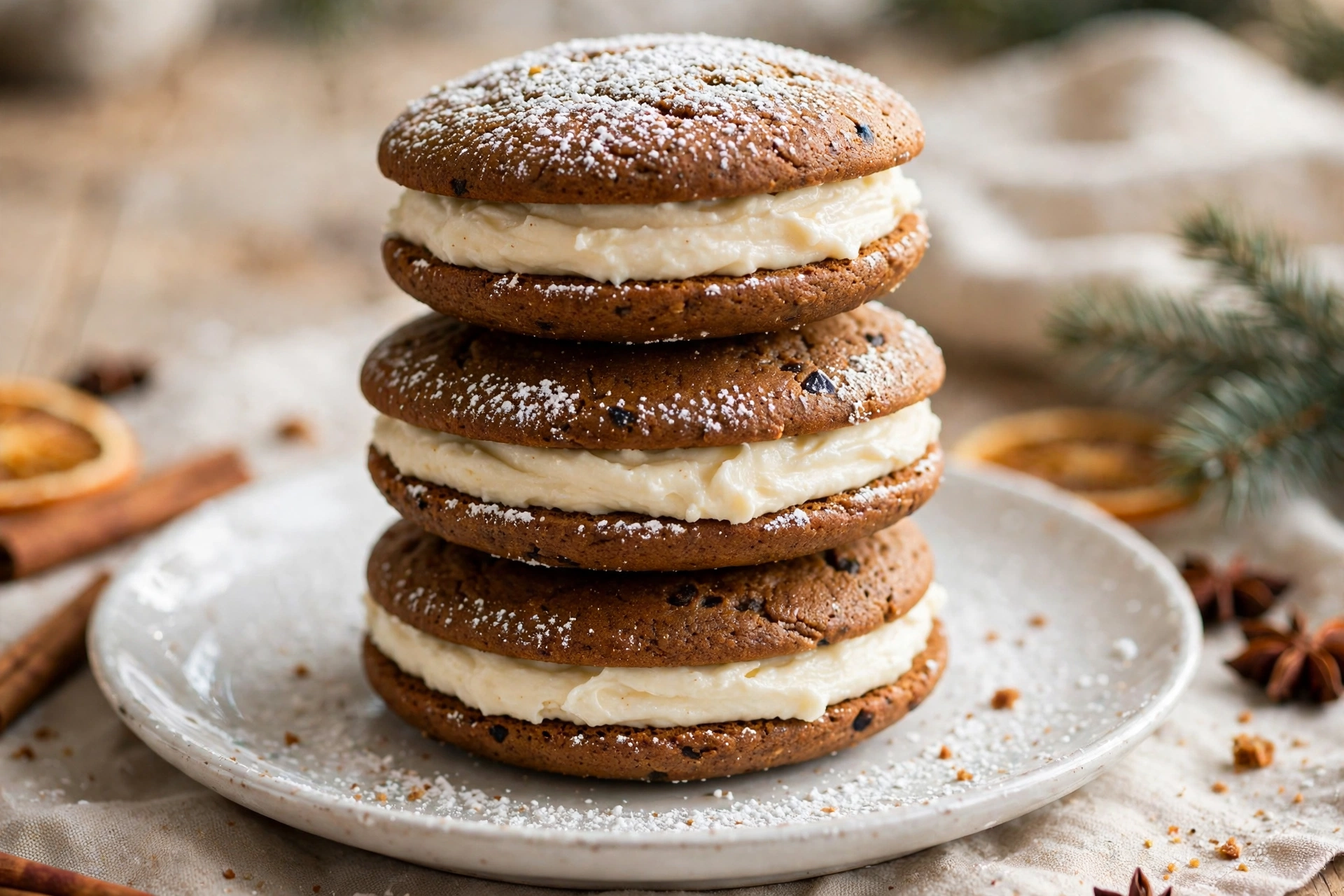 Stack of gingerbread whoopie pies with cream cheese filling on a white plate, dusted with powdered sugar