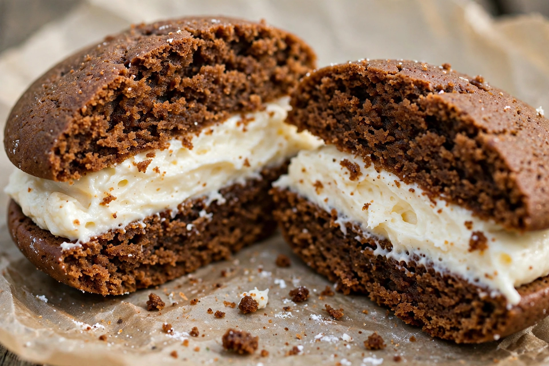 Close-up of a gingerbread whoopie pie sandwich showing spiced cookies and tangy cream cheese filling