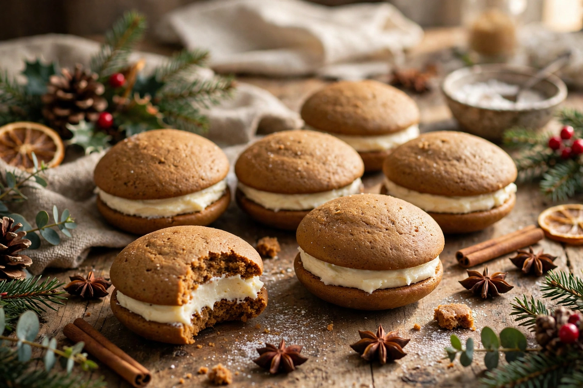 Gingerbread whoopie pies arranged on a rustic wooden table with cinnamon sticks and holiday greenery