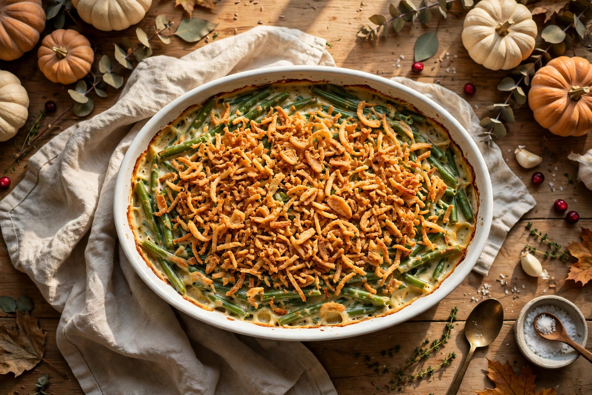 Green bean casserole in a white oval dish topped with crispy golden fried shallots on a Thanksgiving table with mini pumpkins and a linen napkin