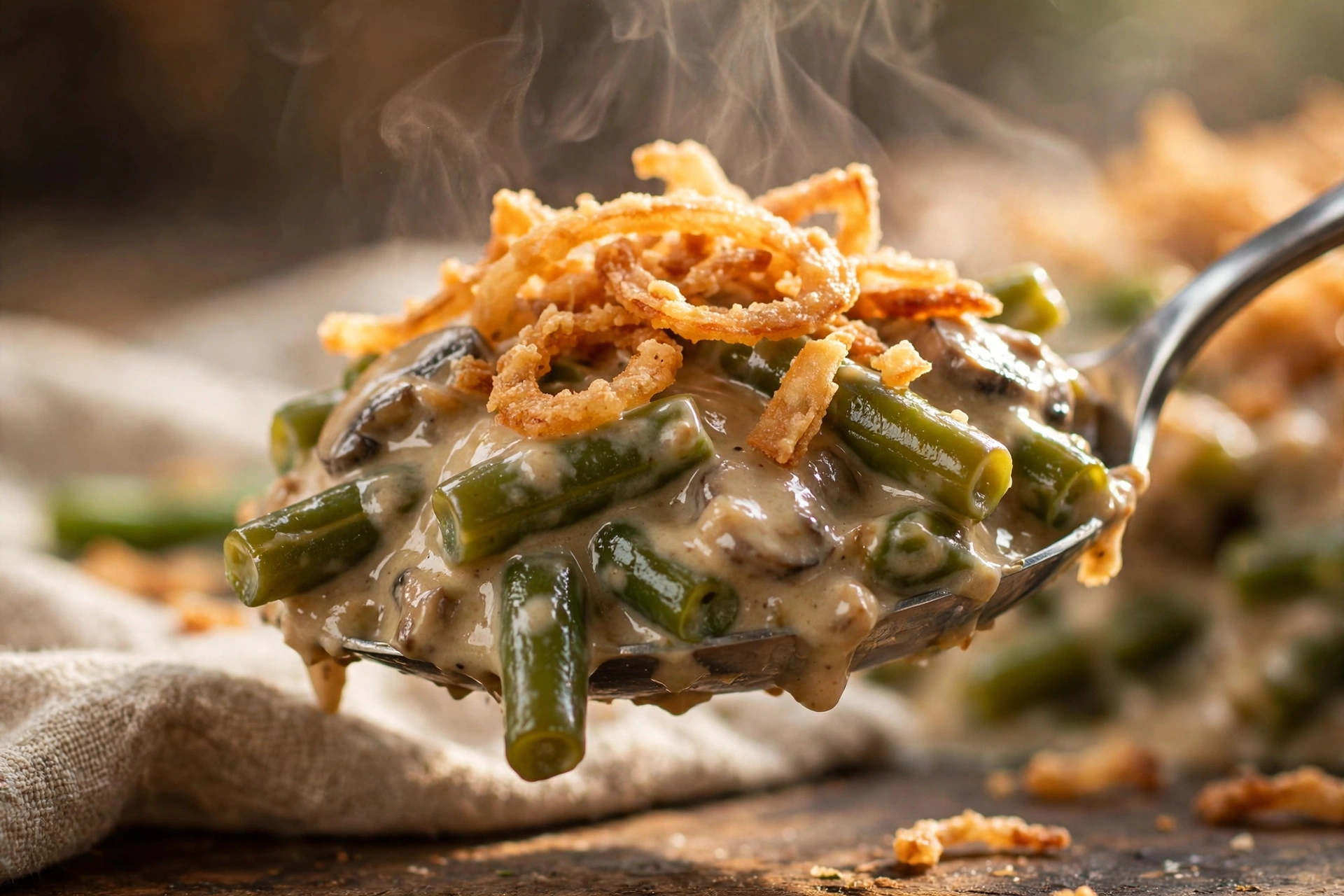Serving spoon lifting green bean casserole with bright green beans in creamy mushroom sauce topped with crispy shallot rings, steam rising